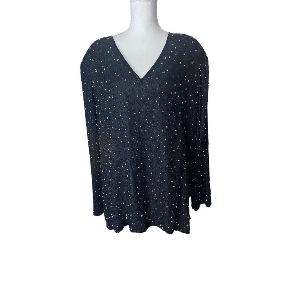 Scala Womens Black Gold Beaded V-Neck Silk Blouse Size 2X